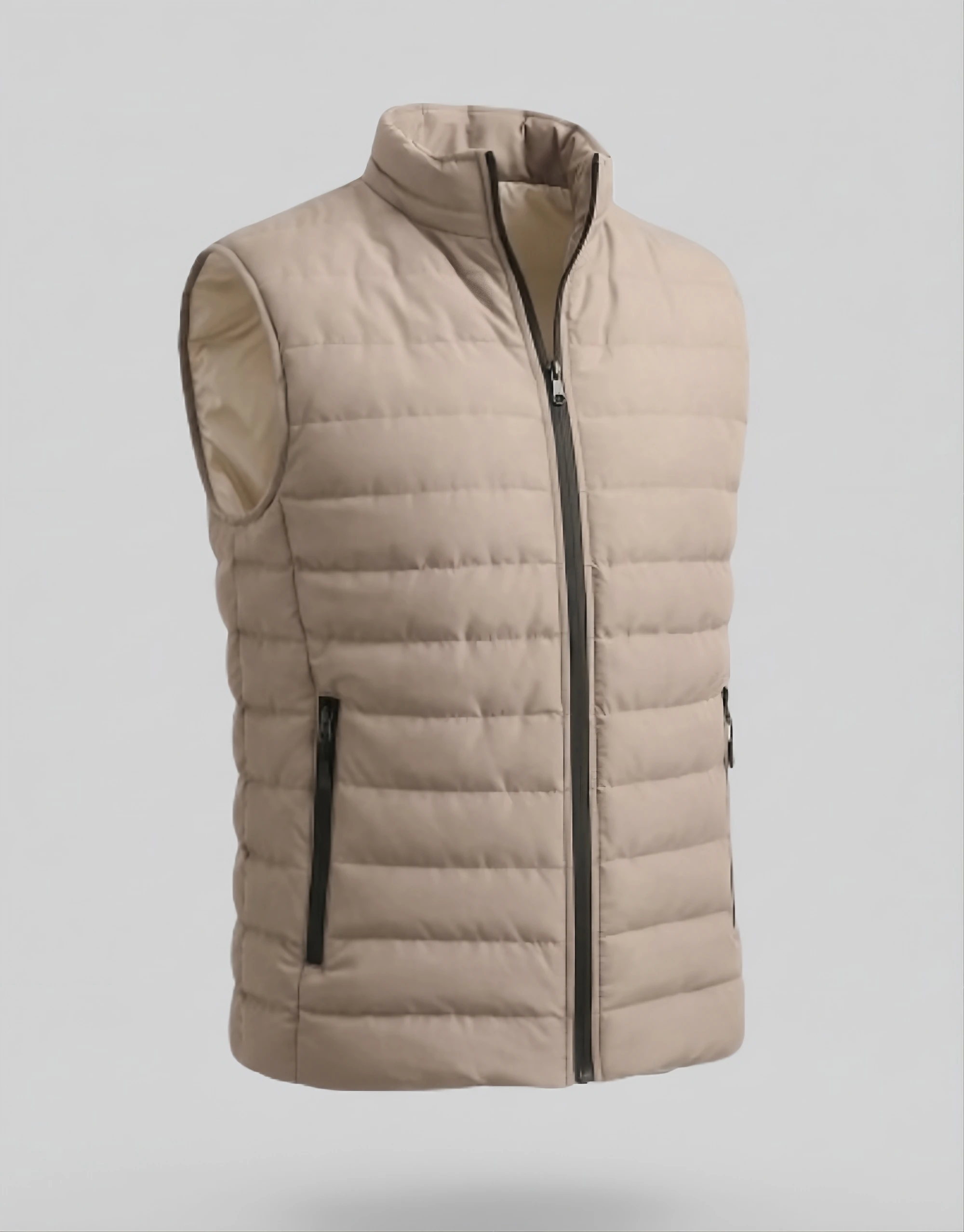3D side view of men's beige water-resistant quilted puffer vest showing black contrast full-length zipper stand-up collar and slim silhouette