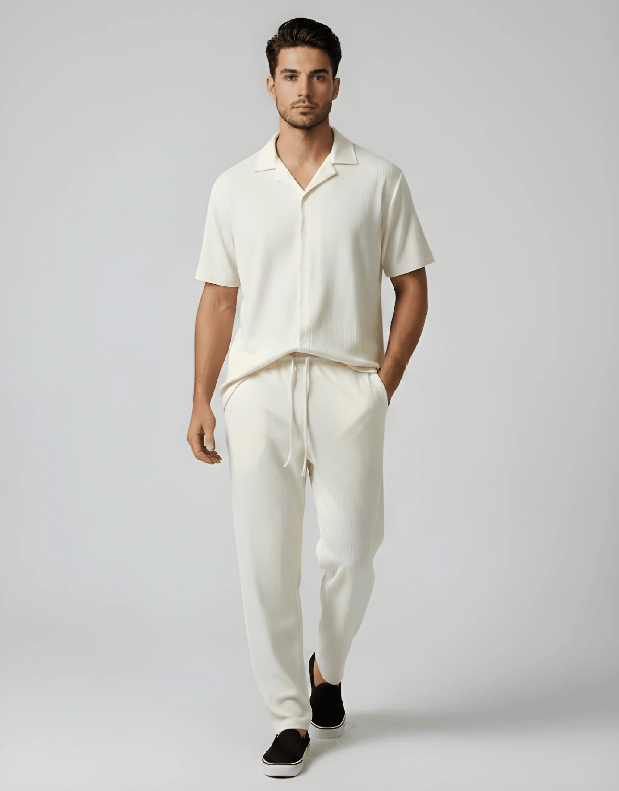 Men's white Ensemble Kamraya summer set textured fabric front view