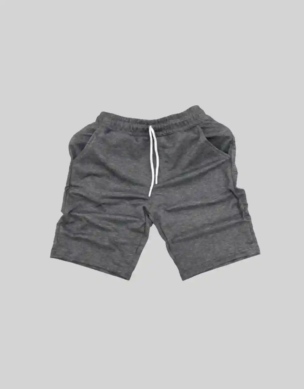 Flat lay of men's charcoal grey marl basic cotton shorts with white drawstring