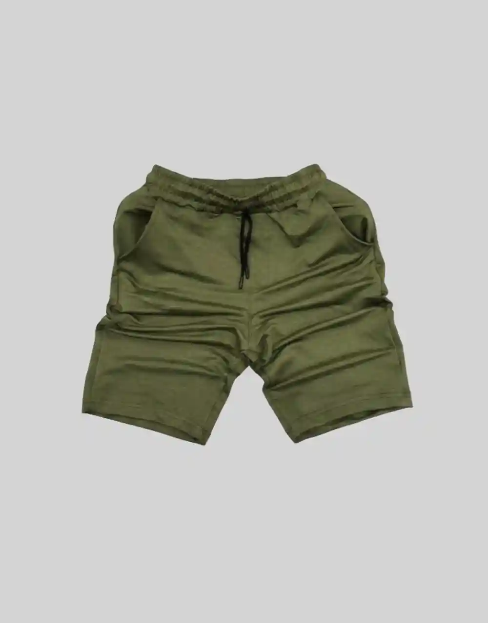 Flat lay of men's military green basic cotton shorts with black drawstring waistband