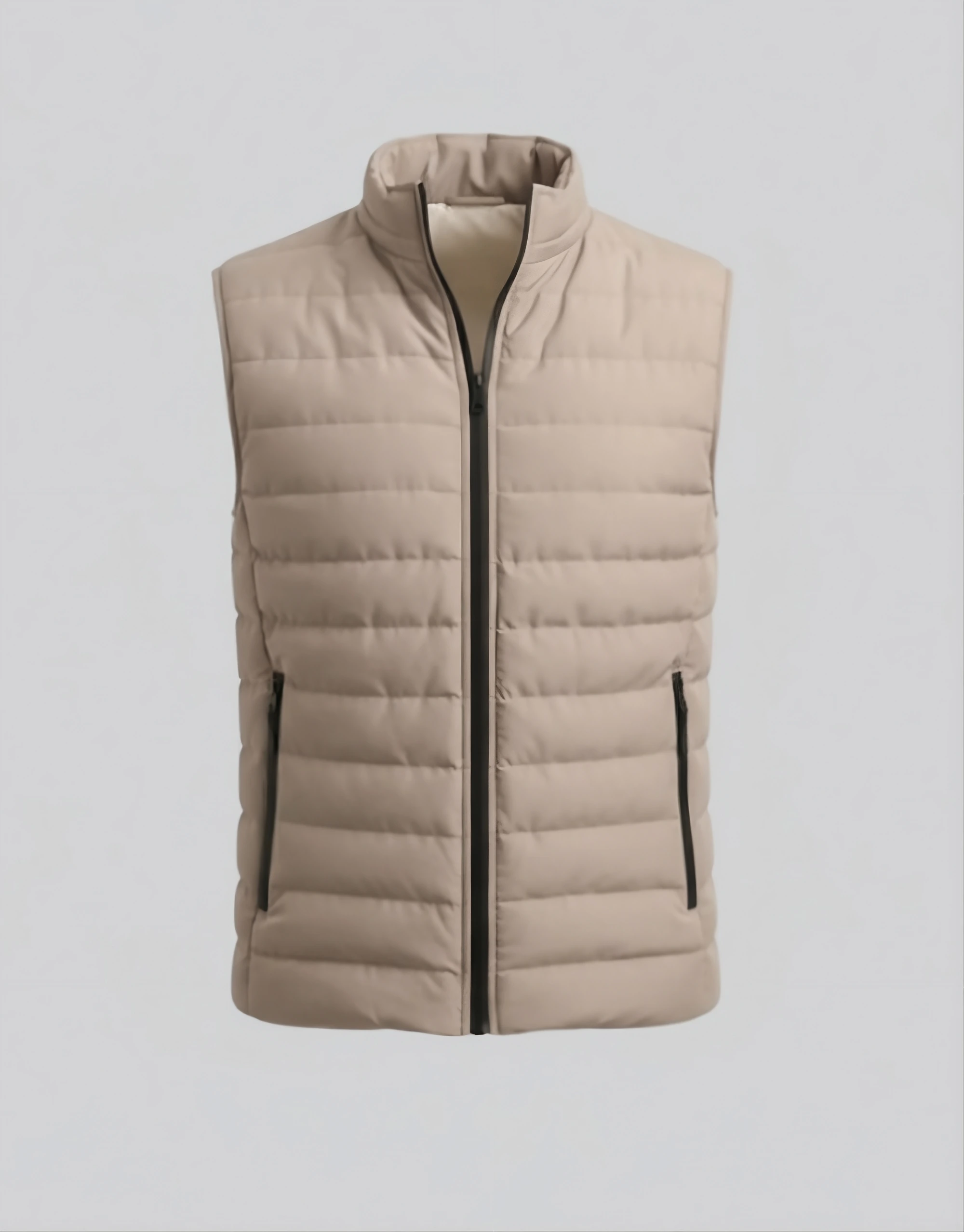 Front flat view of men's beige sleeveless puffer vest showing quilted horizontal channels high collar black contrast zipper and two zippered side pockets