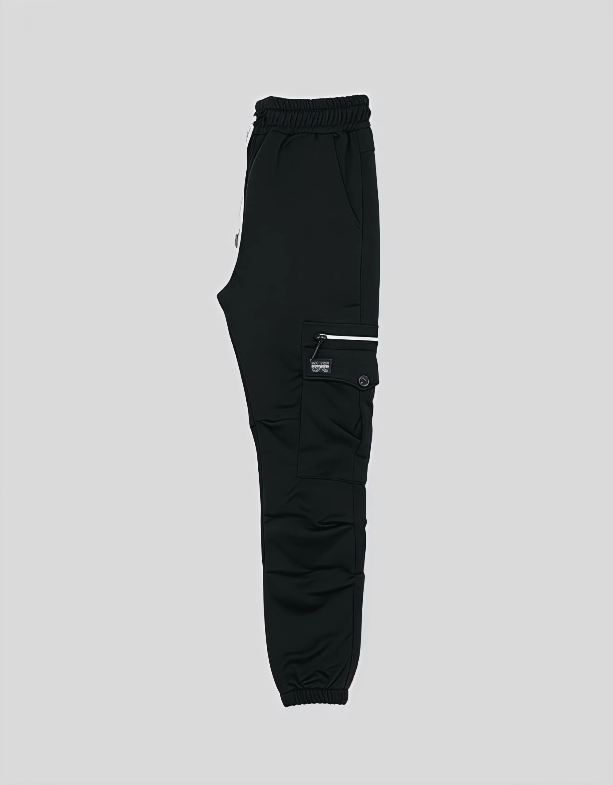 Flat side view of men's black cotton lycra cargo jogger pants with white contrast zippered thigh pocket and brand label patch