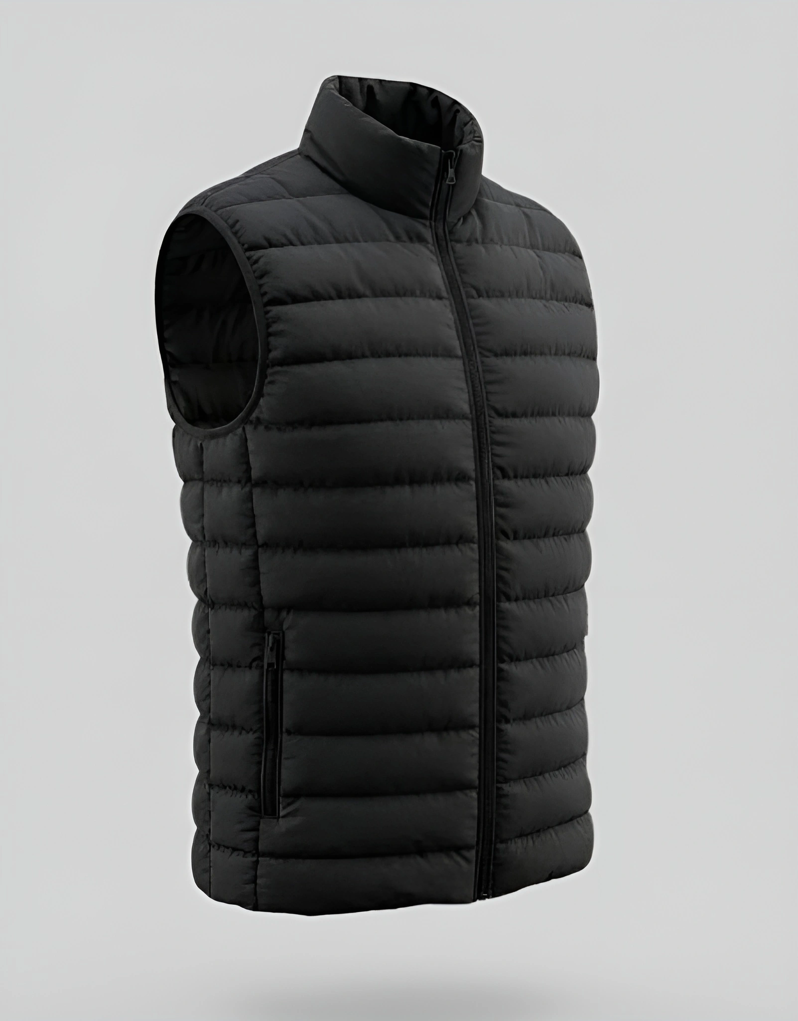 3D side view of men's black water-resistant quilted puffer vest showing full-length black zipper stand-up collar and slim silhouette
