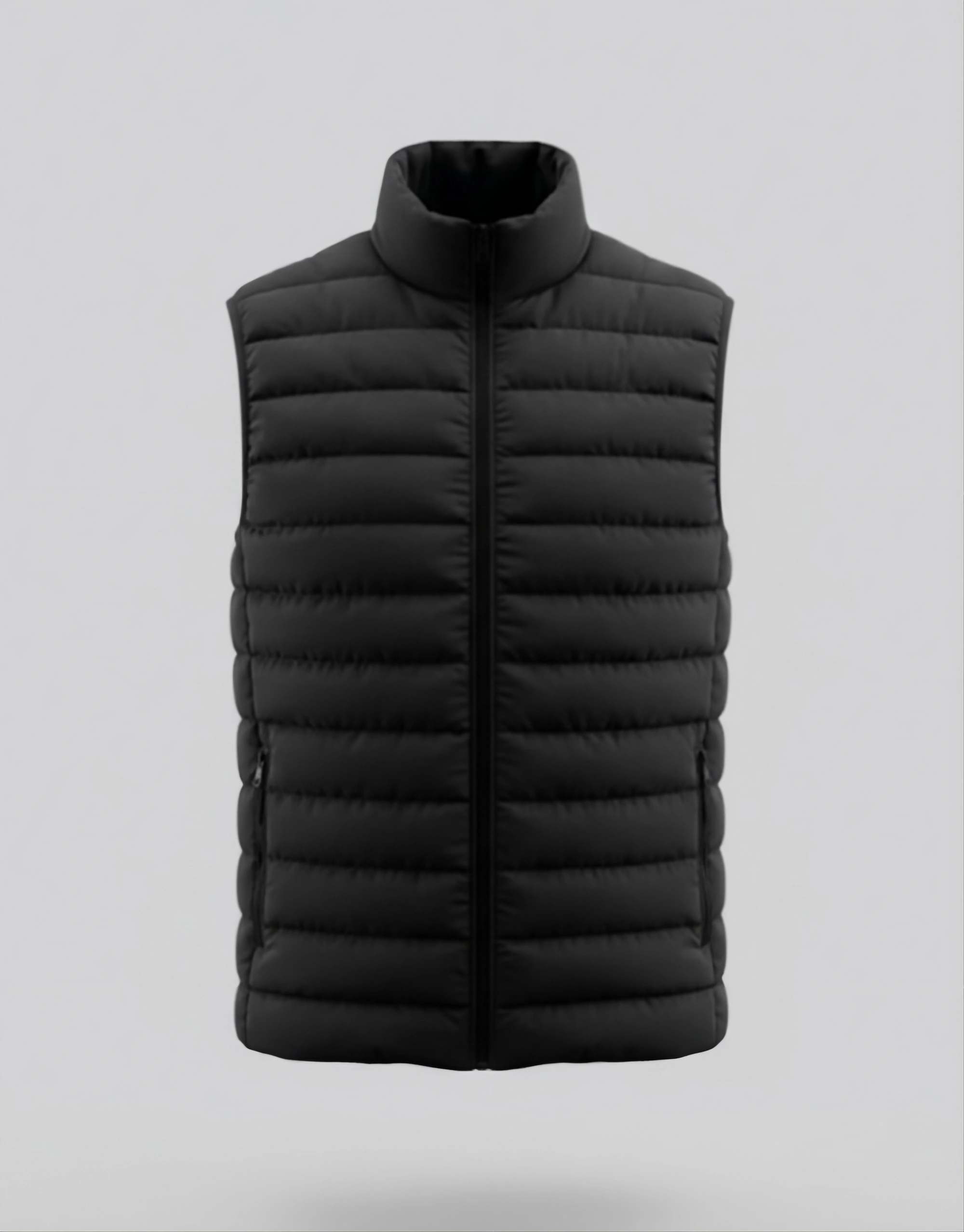 Front flat view of men's black sleeveless puffer vest showing quilted horizontal channels high collar and two zippered side pockets