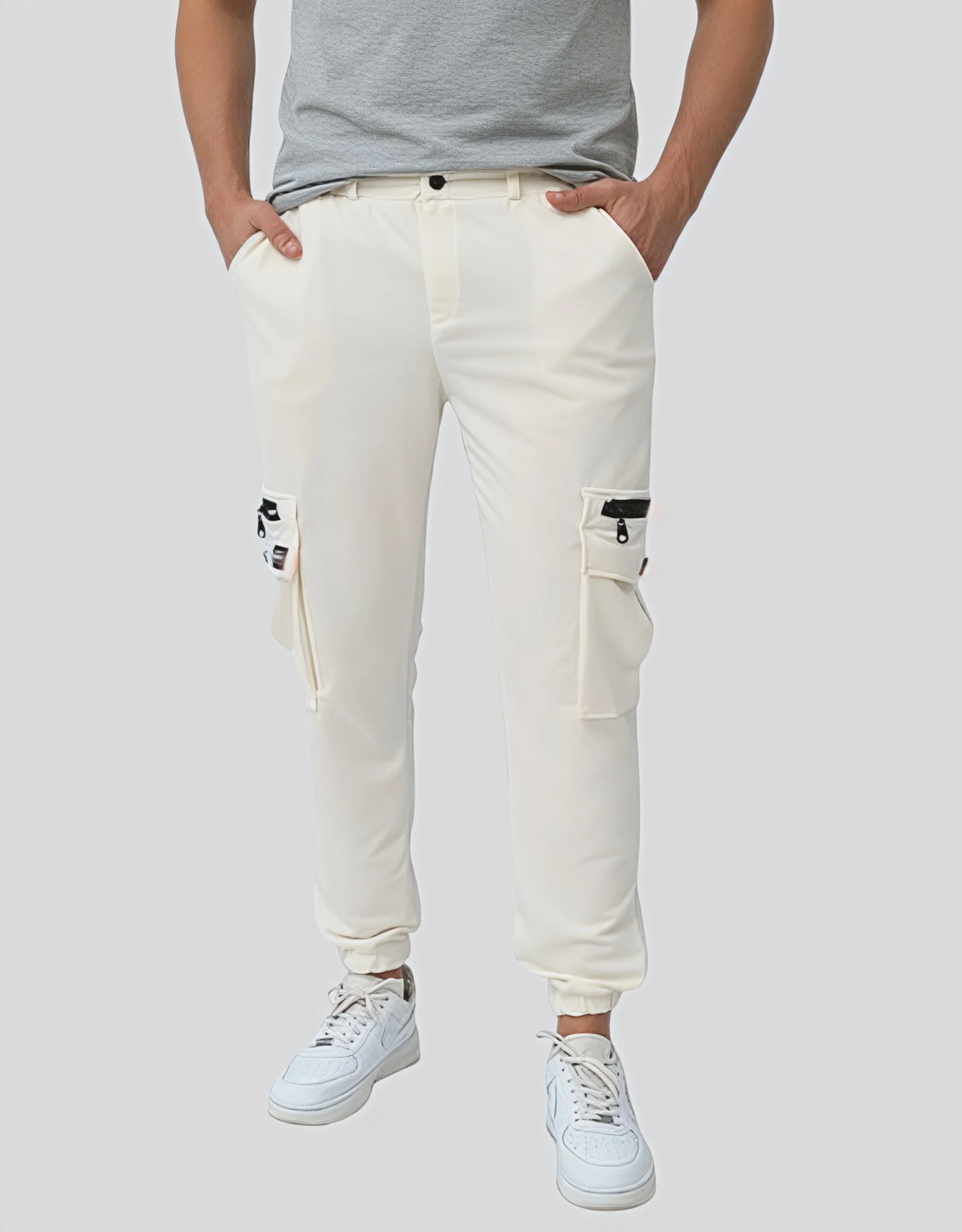 Men's écru beige cargo jogger pants worn on model front view showing dual zippered cargo pockets and elastic waistband