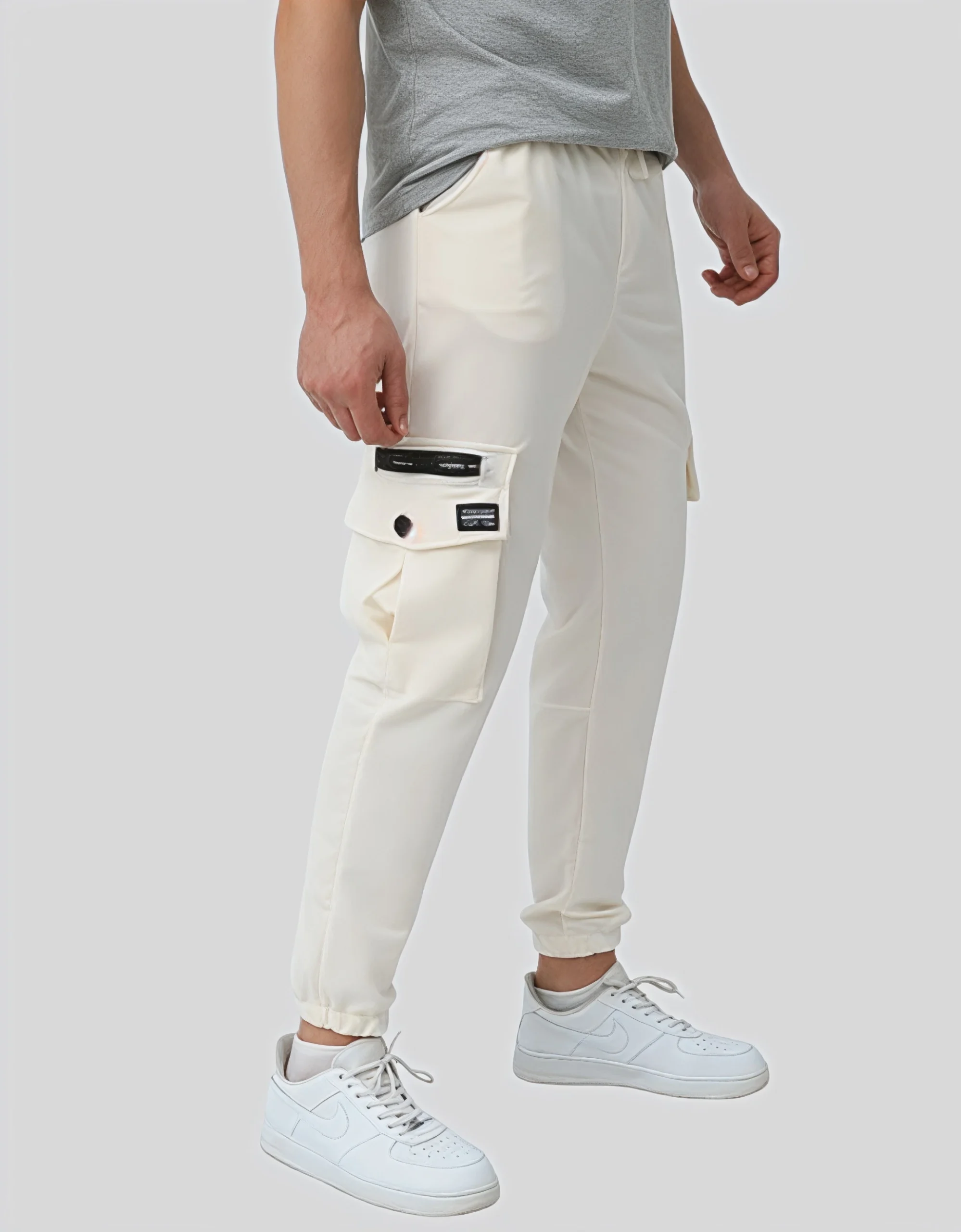 Men's écru cargo jogger pants worn on model right side view showing zippered cargo pocket detail and slim tapered fit