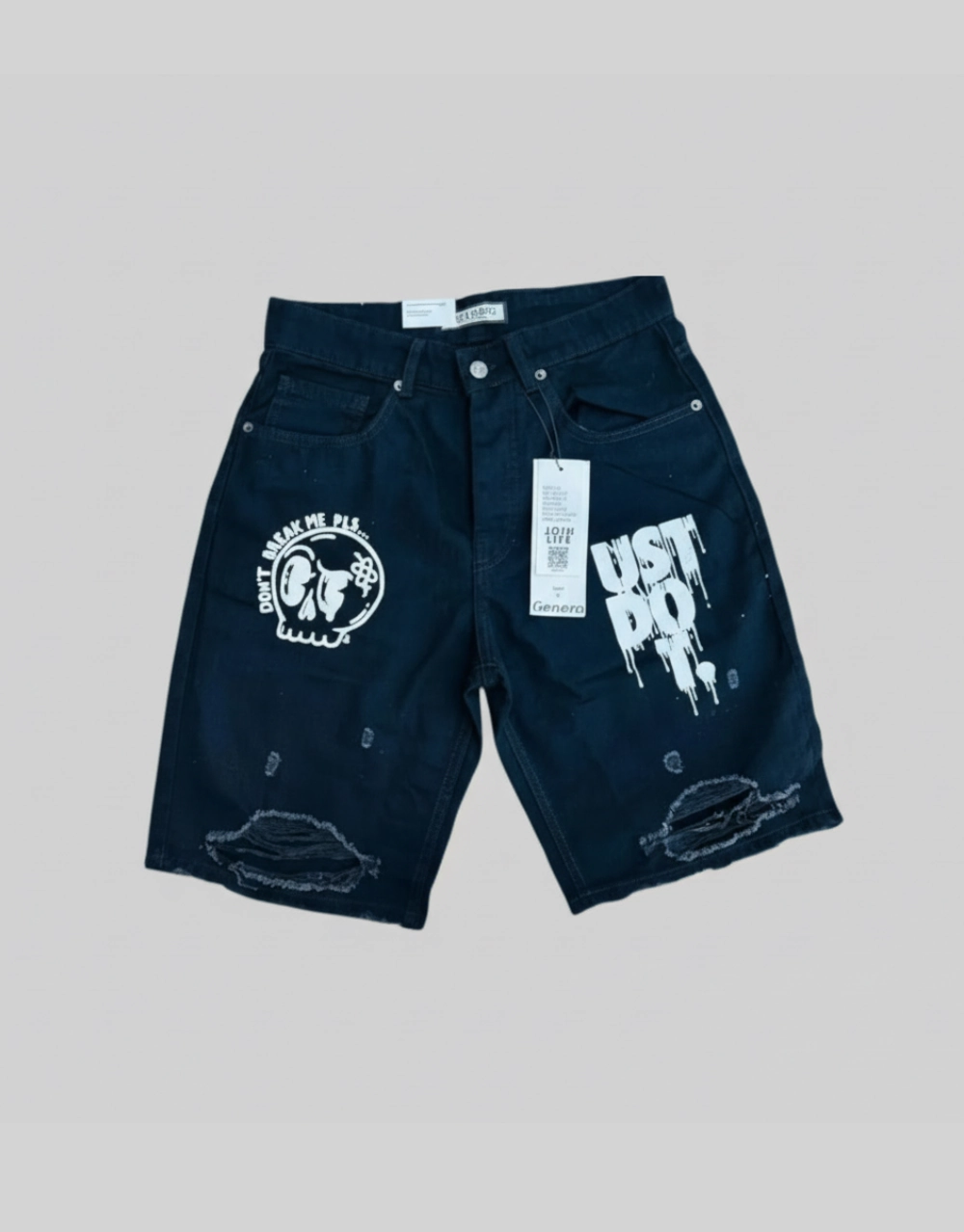 Flat lay of men's dark blue distressed denim shorts with graphic screen print