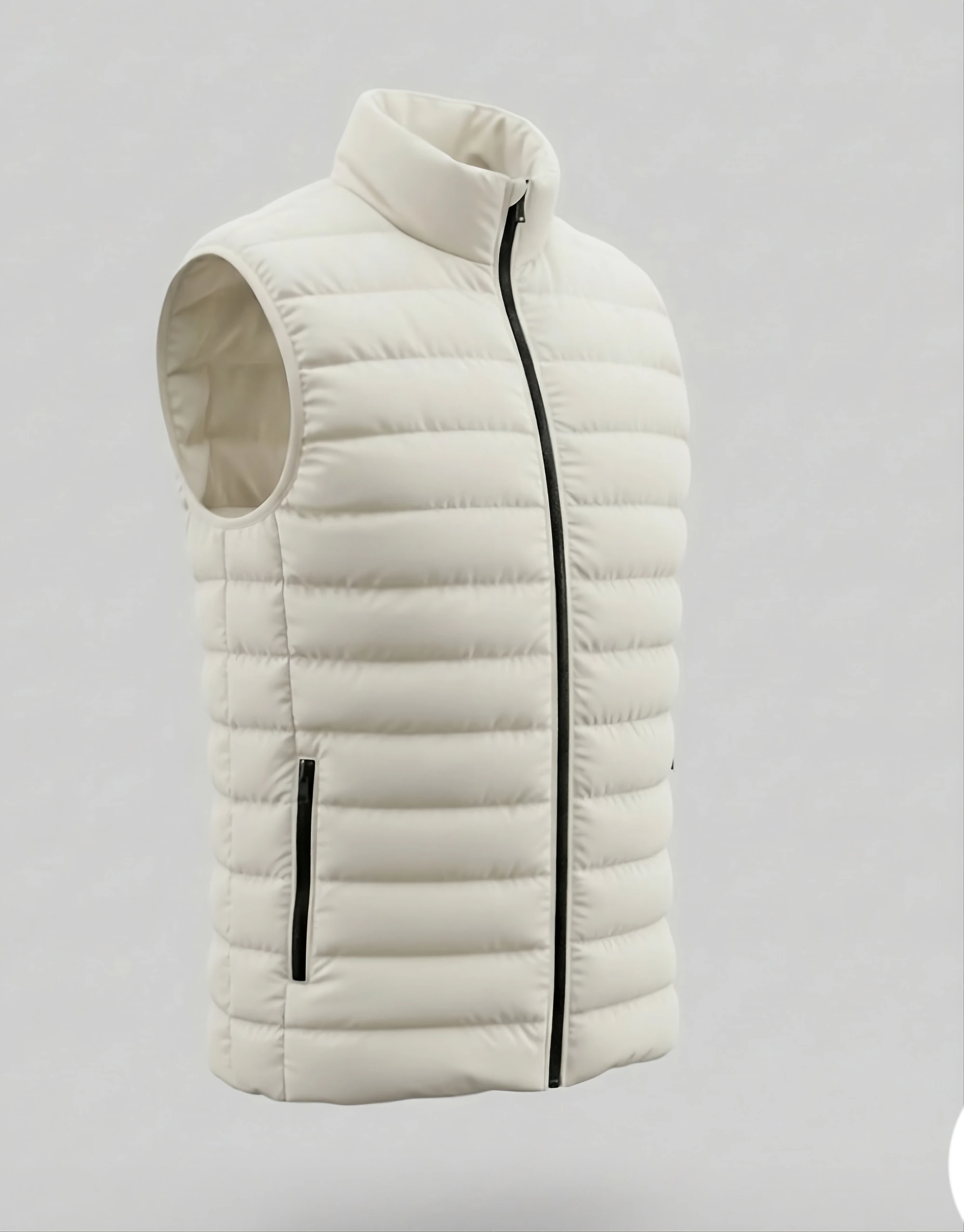 3D side view of men's white water-resistant quilted puffer vest showing black contrast full-length zipper stand-up collar and slim silhouette