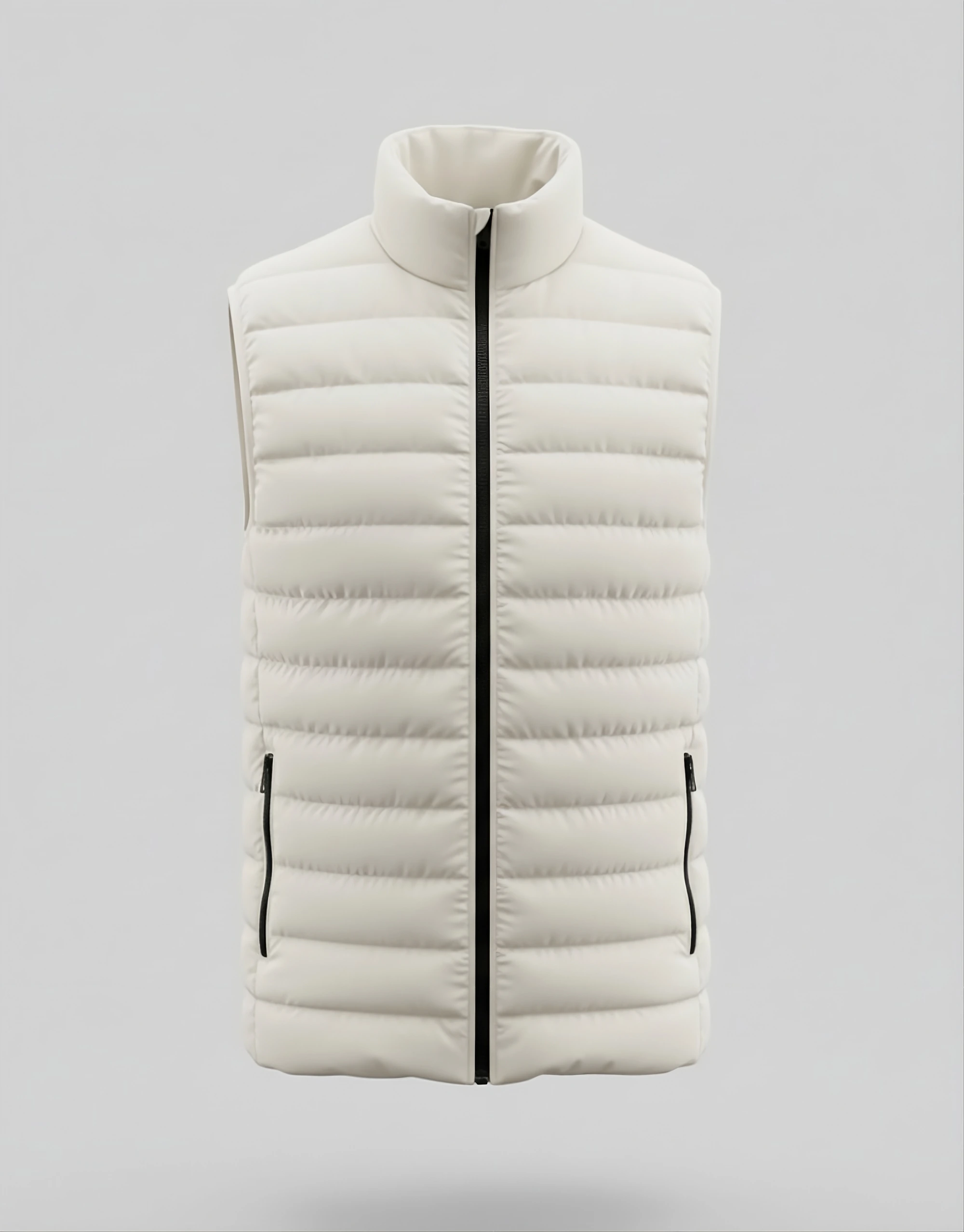 Front flat view of men's off-white sleeveless puffer vest showing quilted horizontal channels high collar black contrast zipper and two zippered side pocke